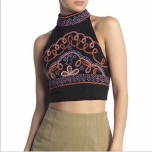 Free People Goa Embroidered Crop Top Beaded Embellished Tank Open Back Sz Medium